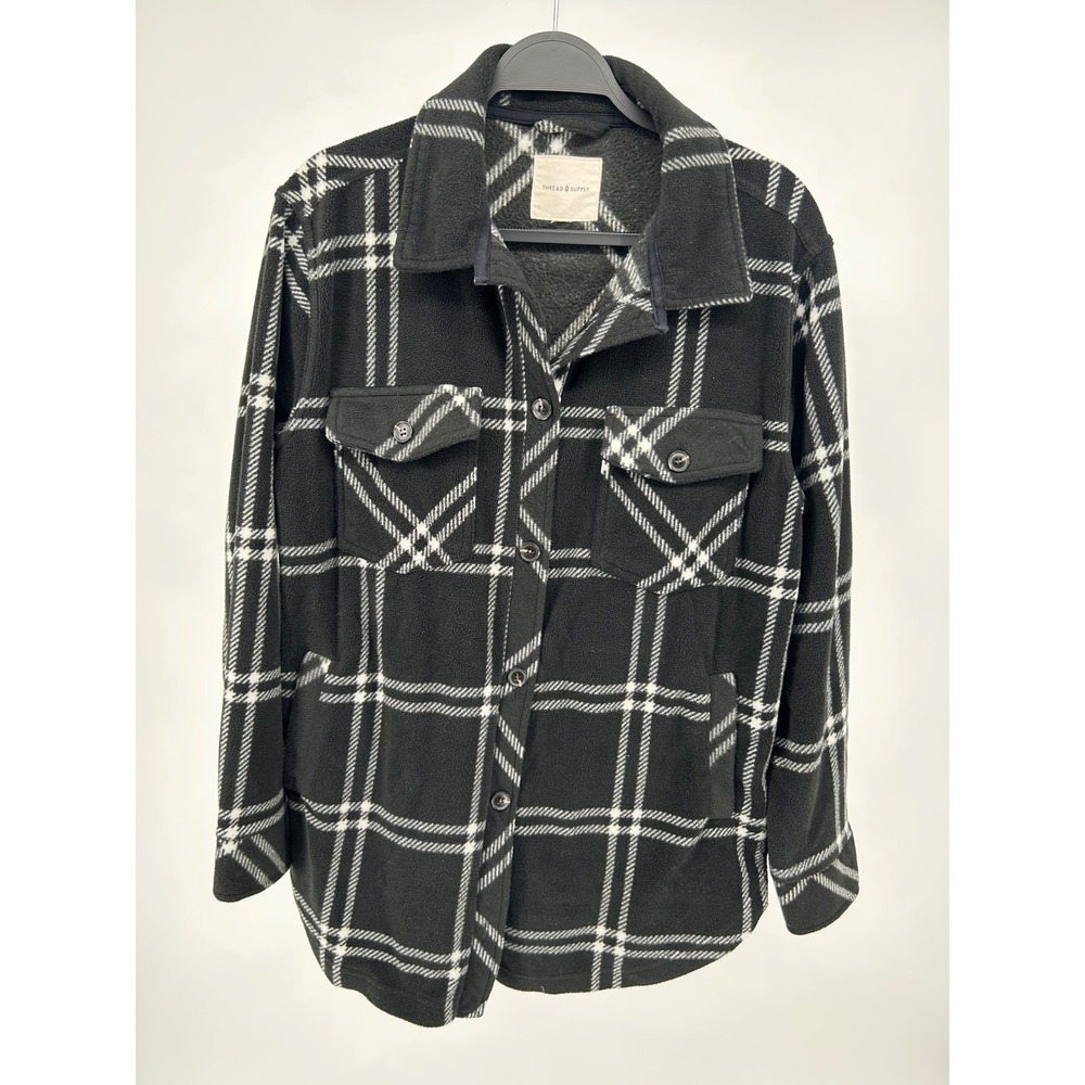Thread & Supply Womens Black White Windowpane Fleece Shacket Shirt Jacket Medium